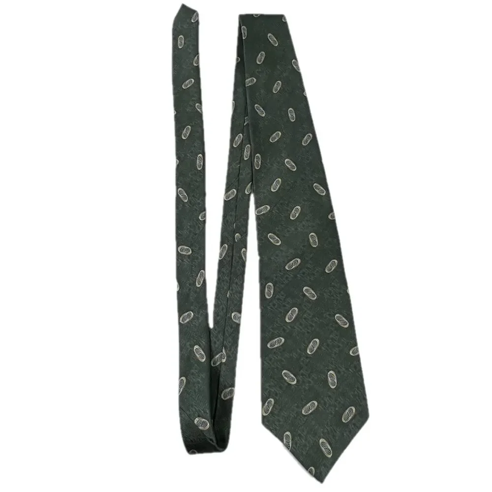 Van Heusen Green Silk Necktie Cream Geometric Accents Men’s 59